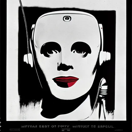 Image similar to portrait of the robot of the film metropolis, litography by andy warhol