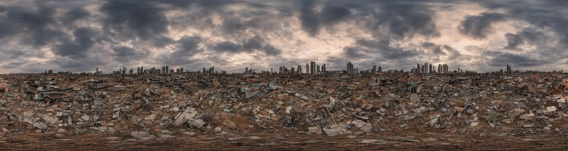 Prompt: A panorama of an ruined high-tech city, there are sparse signs of human activity. Day break. Dramatic sky. 4K.