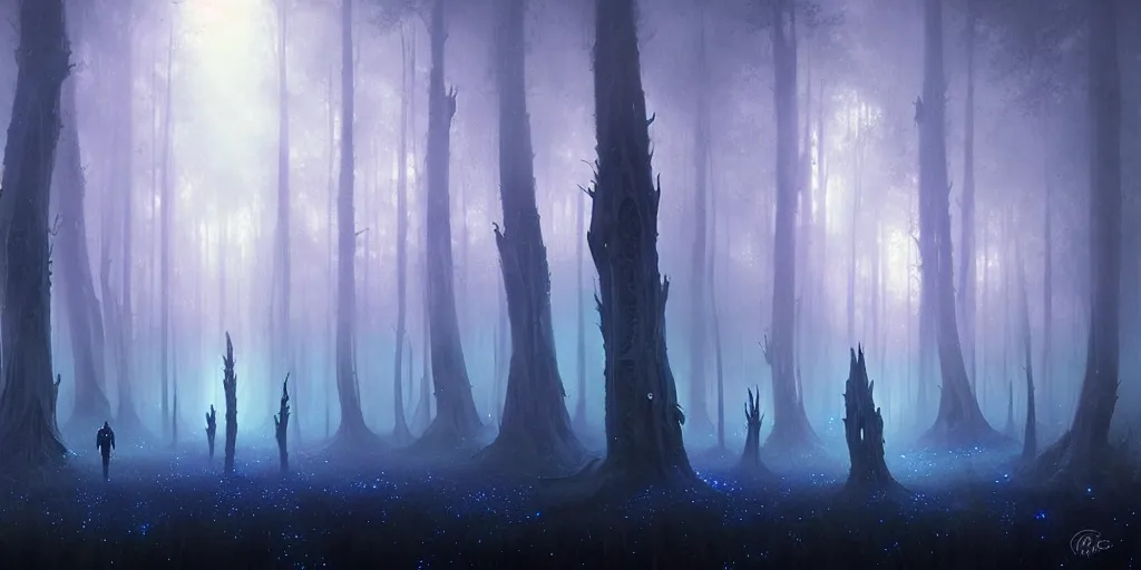 Image similar to strange alien forest, glowing fungus, misty, blue glowing horizon, millions of fireflies, ultra high definition, ultra detailed, symmetry, sci - fi, dark fantasy, by greg rutkowski and ross tran