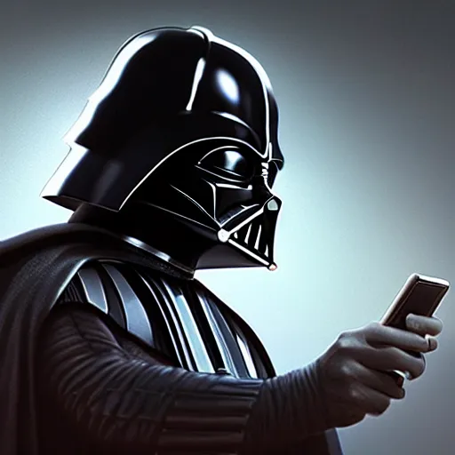 Image similar to darth vader checking his iphone, fantasy, sharp focus, digital art, hyper realistic, 4 k, unreal engine, highly detailed, hd, dramatic lighting by brom, trending on artstation