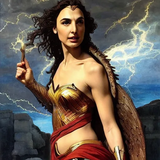 Image similar to Full body oil painting of the beautiful woman Gal Gadot, she is wearing some withe ancient roman cloths and a surreal ornate, her hair is natural disheveled, she is approaching heaven, people are claiming for her, she is attracting lightnings, naturalism, dramatic lighting, high-detailed oil painting by Ilya Repin, Michelangelo da Caravaggio, William Blake, Alex Grey and Beksinski, trending on Artsatio, hystorical painting, masterpiece, 4k, 8k,