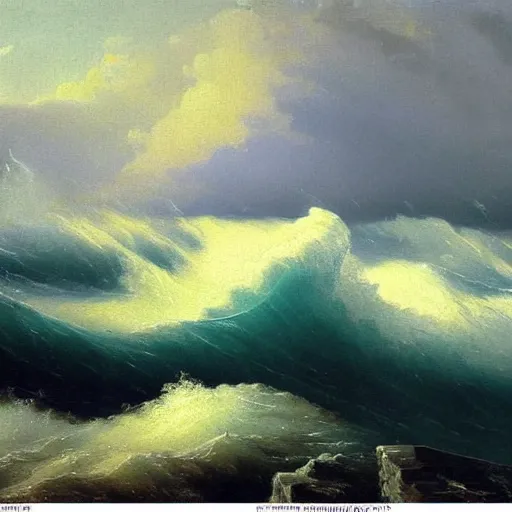 Prompt: prefect storm in the ocean. large waves, heavy stormy clouds. struggling ship to stay afloat. Rocky cliff in the background. Ivan Aivazovsky. Oil painting, very high details. Realistic. Epic.