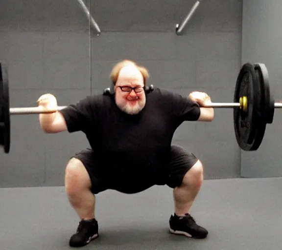 Prompt: gabe newell doing squats, award winning photograph