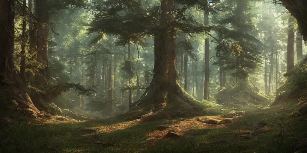 Prompt: a forest, highly detailed oil painting, hyperrealism, gorgeous lighting, Studio Ghibli, Jessica Rossier, digital art, octane render, beautiful composition, trending on artstation, masterpiece