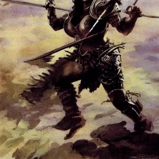 Prompt: fantasy painting by Frank Frazetta portraying a female warrior in armor,wielding a spear,high quality,beautiful,detailed