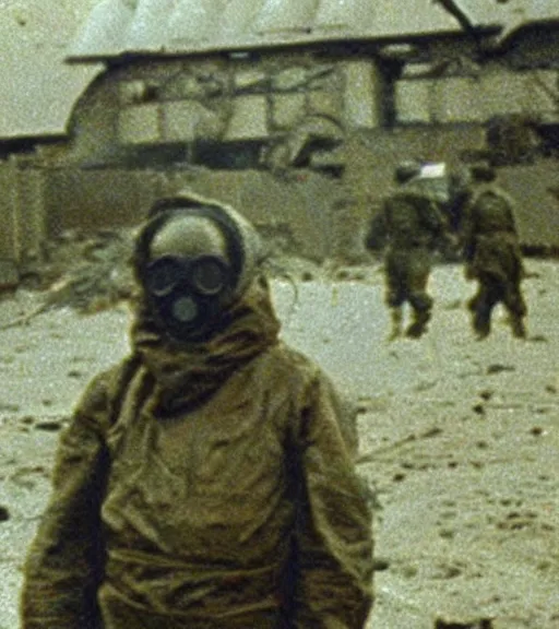 Image similar to man in chemical suit and gasmask at distance in chernobyl, ww1 techicolor film photo, grainy, high detail, high resolution