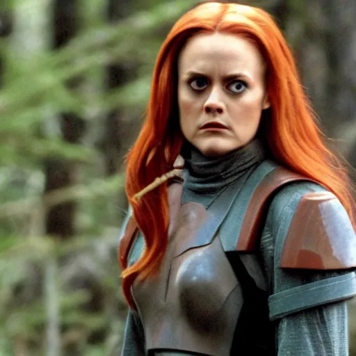 Image similar to movie still of alicia silverstone as frustrated sith mara jade on the forested mountain planet wayland in star wars episode vii : heir to the empire