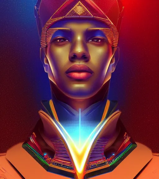 Image similar to symmetry!! egyptian prince of technology, solid cube of light, hard edges, product render retro - futuristic poster scifi, lasers and neon circuits, brown skin man egyptian prince, intricate, elegant, highly detailed, digital painting, artstation, concept art, smooth, sharp focus, illustration, dreamlike, art by artgerm