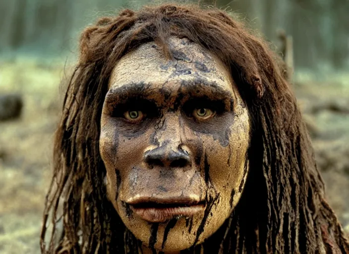 Image similar to attractive neanderthal woman covered in mud, movie still, from the movie quest for fire, 8 k, realistic