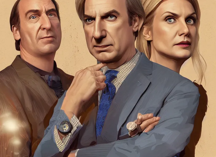 Image similar to kim wexler and saul goodman, ilustration by wanda gag, extremely detailed artstation, for aaa game, high quality, adobe ilustrator, behance