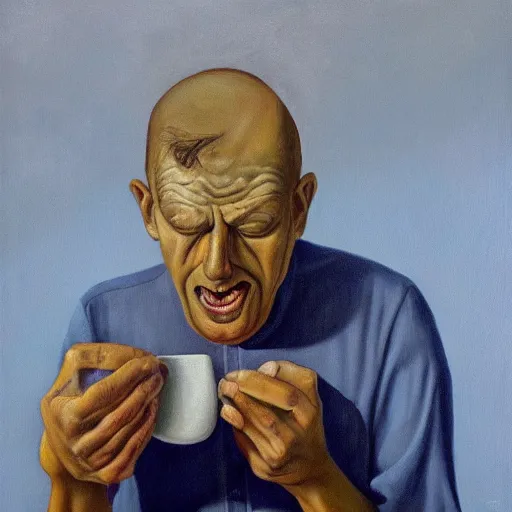 Prompt: surrealism oil painting of a man crying over spilled milk