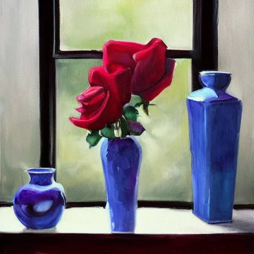 Image similar to A painting of a windowsill with two vases. One vase containing a red rose. And the other vase containing a blue violet. The natural light from the window would be shining in on the scene. Trending on artstation