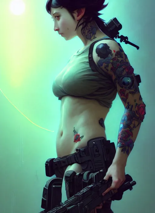 Image similar to girl covered with tattoos wearing tactical gear, intricate lights, bio luminescent, plasma, by ruan jia and artgerm and range murata and wlop and ross tran and william - adolphe bouguereau and beeple. key art. fantasy illustration. award winning, artstation, intricate details, realistic, hyperdetailed, 8 k resolution.