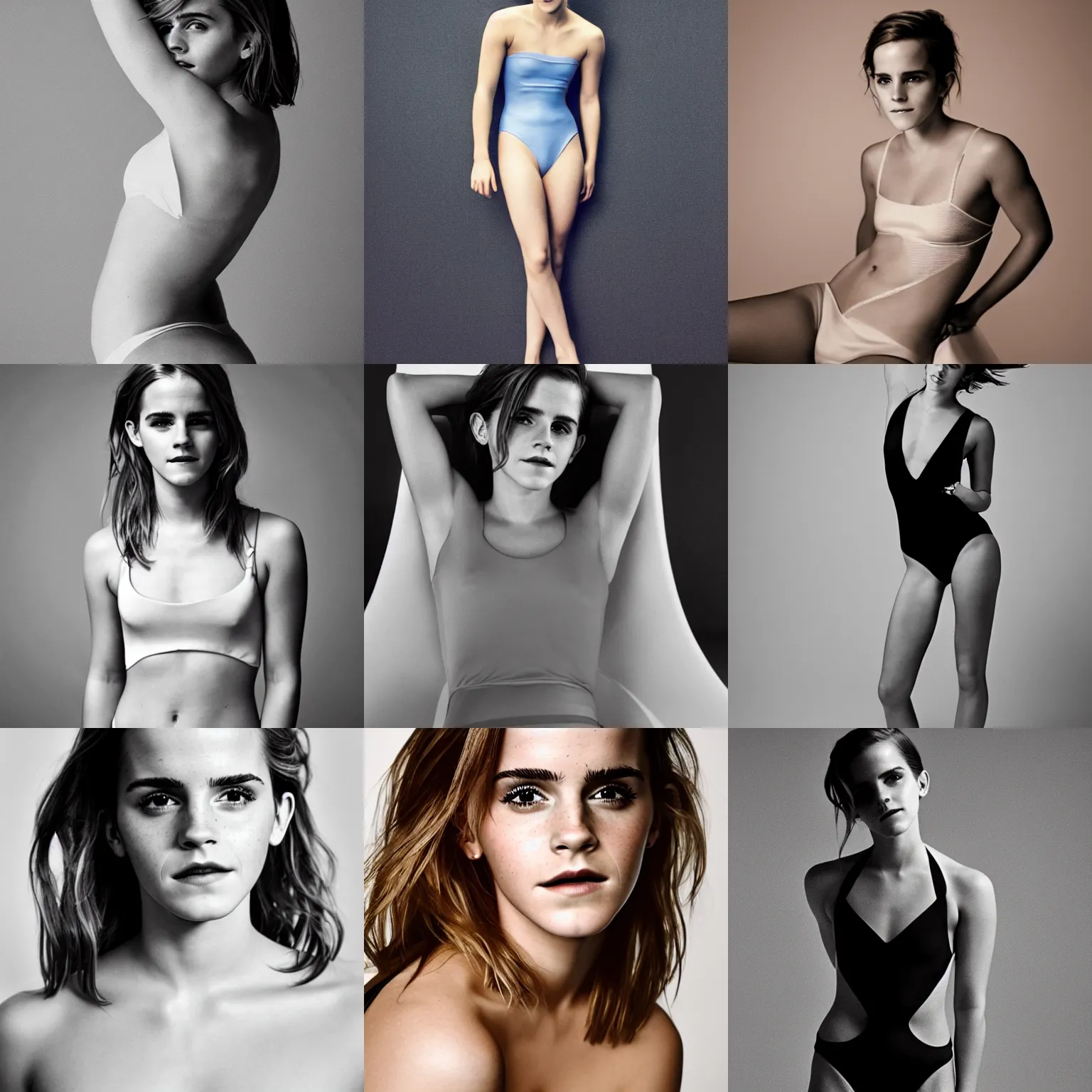 Prompt: Photo of Emma Watson in swimsuit, soft studio lighting, photo taken by Terry Richardson for Calvin Klein, award-winning photograph, 24mm f/1.4