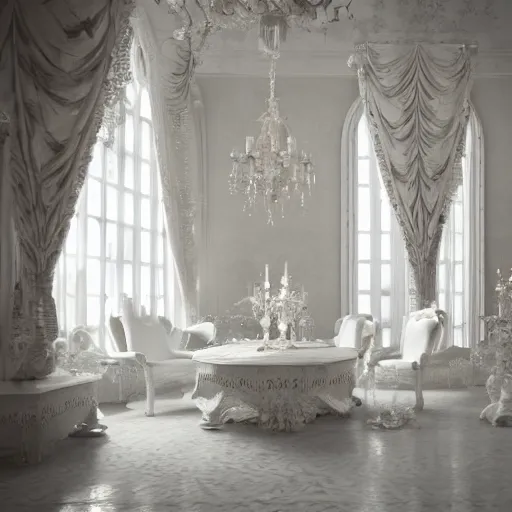 Image similar to explosion of a Gothic baroque white porcelain room furnished with baroque furniture made of white porcelain and white veils, everything is shattered. trending on artstation, sensual gloomy, volumetric clouds, unreal render, depth of field