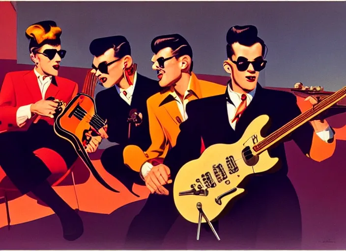 Image similar to rockabilly band 1950s, high detail, golden hour, 8K, by syd mead