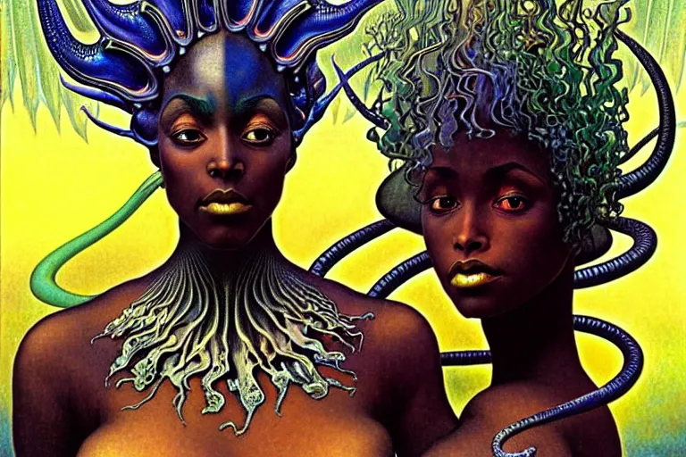 Image similar to realistic extremely detailed closeup portrait painting of a beautiful black woman wearing futuristic dress, mutant dragon on background by Jean Delville, Amano, Yves Tanguy, Alphonse Mucha, Ernst Haeckel, Edward Robert Hughes, Roger Dean, rich moody colours