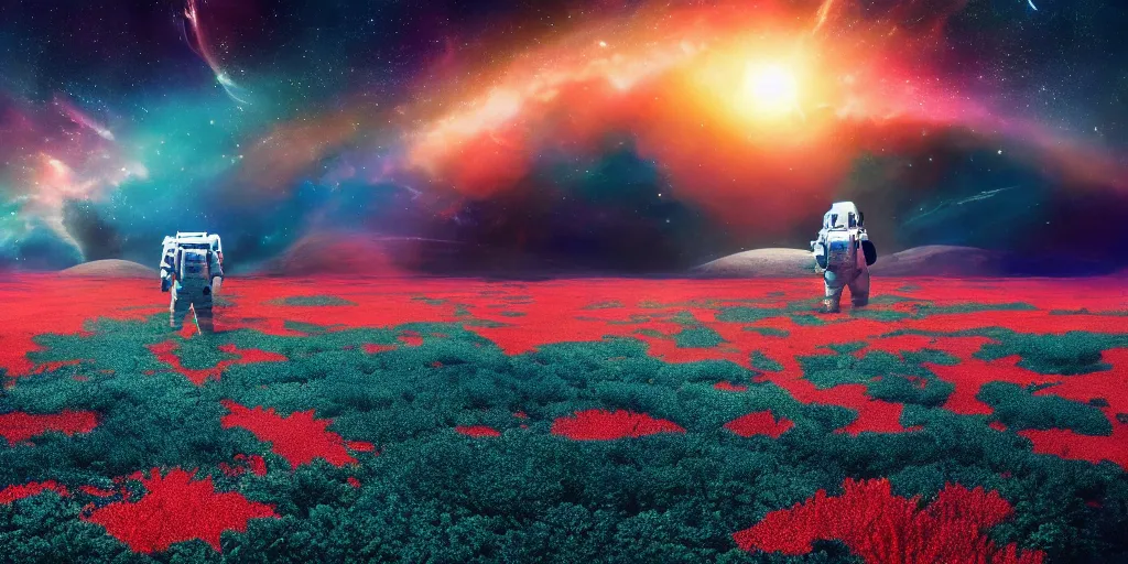 Prompt: astronaut walks in a field of colorful corals on the surface of a far away planet. universe in the background. wallpaper relaistic cgi 4 k lens flare cinematic color grading