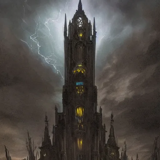 Prompt: an ultra detailed tarot card of a lonely and impossibly tall ominous gothic dark citadel tower of the evil patriarch, elevated high above the city, in a river elevated high above the city, fantasy capital city, ultrawide lense, aerial photography, scary thunderstorm, light fog, volumetric lighting, exquisite detail, 8 k, art by greg rutkowski and alphonse mucha