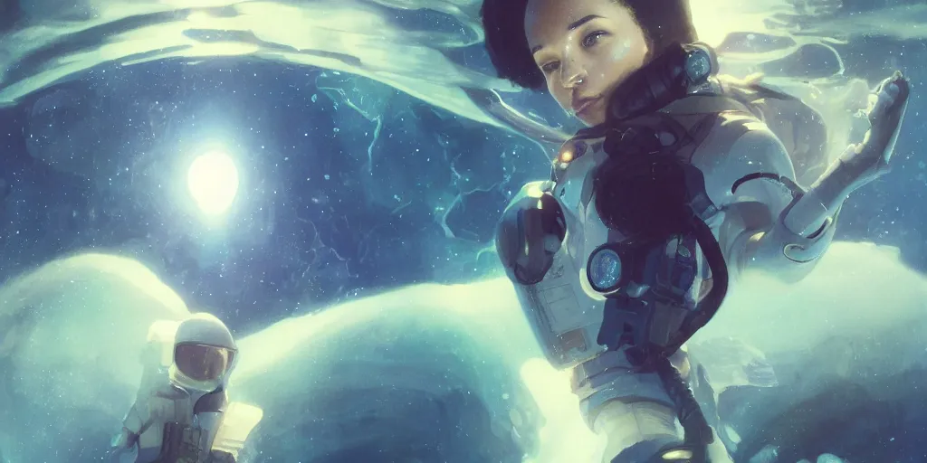 Image similar to Zoe Kravitz as astronaut, underwater in the ocean at night, atmospheric, volumetric lighting, glowing lights, 4k, octane, digital painting, artstation, concept art, sharp focus, illustration, art by artgerm and greg rutkowski and alphonse mucha