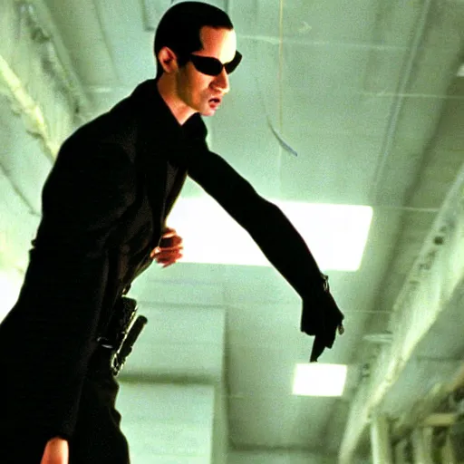 Image similar to picture of andrew tate as neo on the set of the matrix ( 1 9 9 9 )