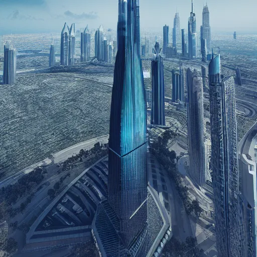 Prompt: megatall futuristic skyscraper, 1 0 kilometer skycraper building, modern architecture, dubai skyline, photo - realistic, octane render, ultra realistic, detailed, 4 k, arstation, unreal engine, photograph, 8 k