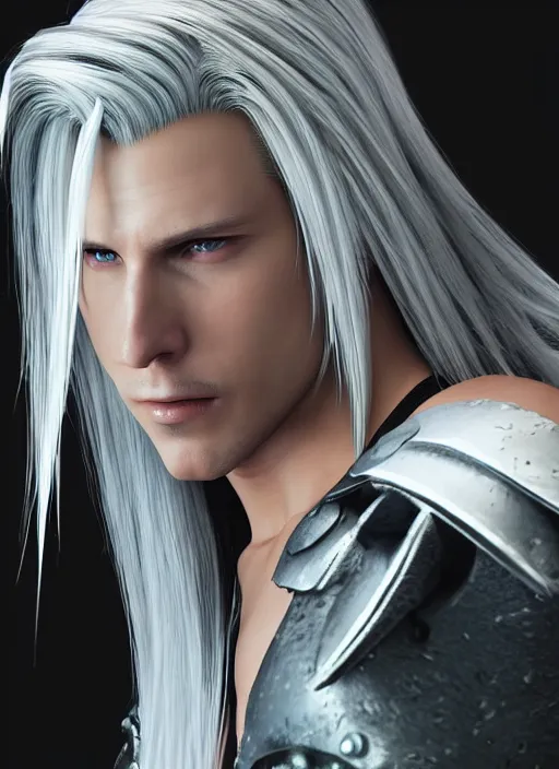 Image similar to sephiroth from final fantasy posing for art, beautiful, sharp detail, realistically detailed shading, 8 k, hyper realistic art, photo realism, robin eley, artstation, hyper realistic oil painting