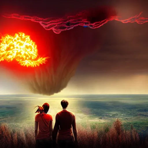 a young couple watching a nuclear explosion, romantic, | Stable