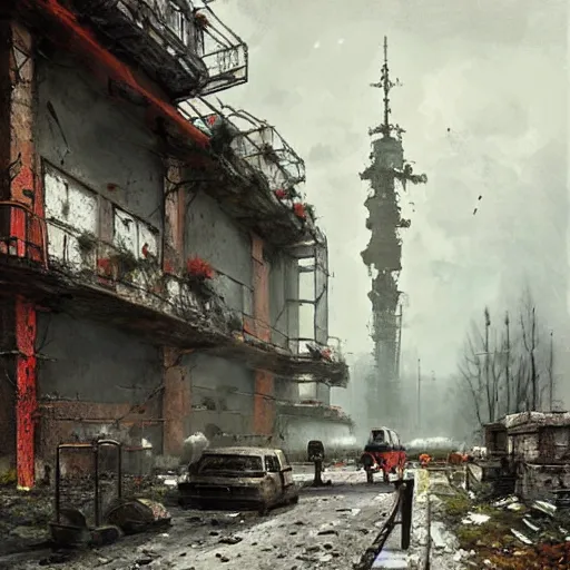 Image similar to painting by jakub rozalski of abandoned post soviet steampunk city