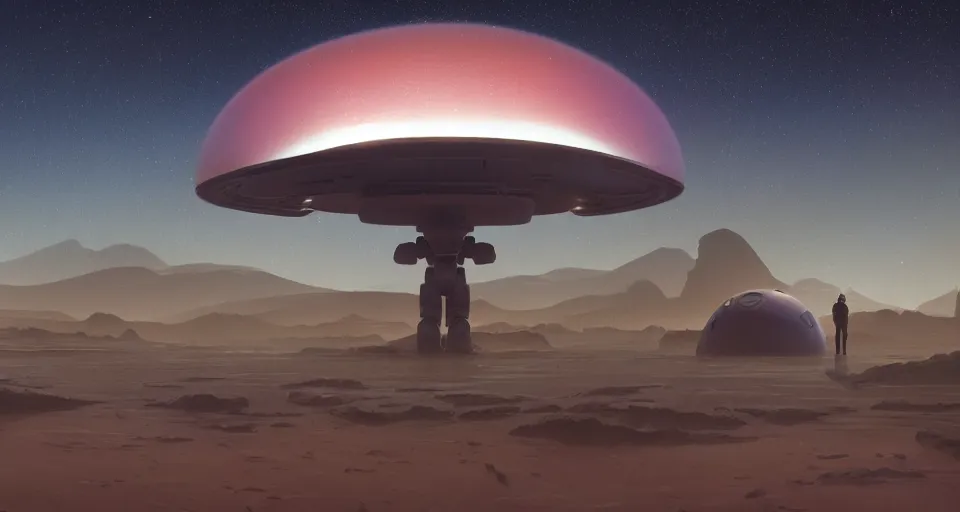 Image similar to A very beautiful serene Martian landscape scene with a GIANT MECHA UFO flying saucer looming in the distance, Translucent rendered by simon stålenhag, rendered by Beeple, Makoto Shinkai, syd meade, environment concept, digital art, starwars, unreal engine, 3 point perspective, WLOP, trending on artstation, low level, 4K UHD image, octane render,