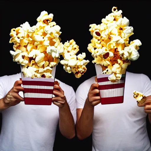 Prompt: hyper realistic, two headed human eating popcorn at the cinema