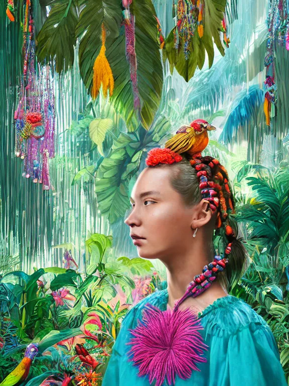 Image similar to beautiful portrait of a Subtropics minority colorful pigtail female wearing fantastic Hand-dyed cotton dress, embellished beaded and decorative fringe knots ,around subtropical plants and flowers and birds,intricate, elegant, highly detailed, dim volumetric lighting, 8k,octane,post-processing,digital painting, trending on artstation, concept art, smooth, sharp focus, illustration,by Tom Bagshaw and Daniel Gerhartz and Albert Aublet and Lawrence Alma-Tadema and alphonse mucha