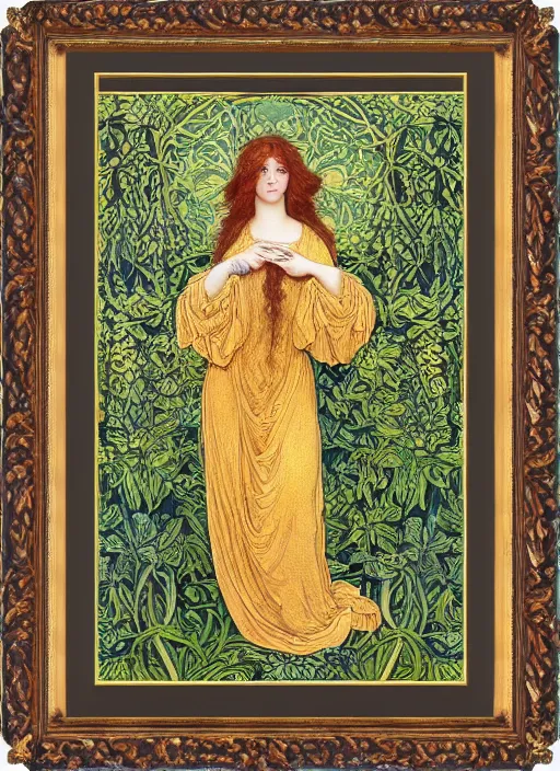 Image similar to masterpiece beautiful seductive flowing curves pose preraphaelite portrait photography, extreme closeup shot, straight bangs, thick set features, yellow ochre ornate medieval dress, amongst foliage mushroom forest arch, circle, william morris and kilian eng and mucha, framed, 4 k