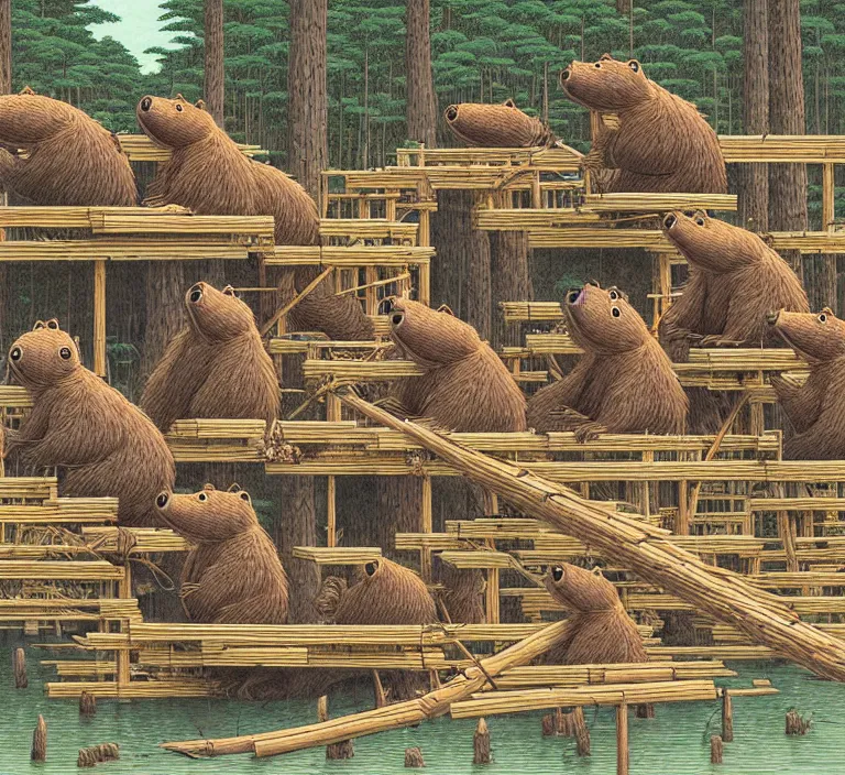 Image similar to photography hyperrealism concept art of highly detailed anthropomorphic beavers builders that building city with sticks by hasui kawase