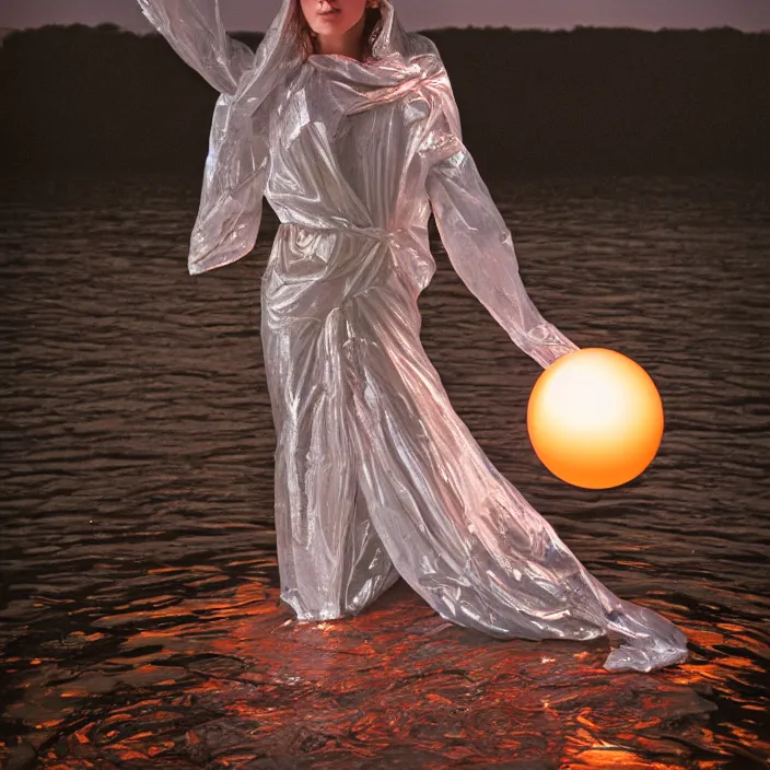 Prompt: a closeup portrait of a woman wrapped in plastic, standing next to a levitating copper orb, in a river, color photograph, by vincent desiderio, canon eos c 3 0 0, ƒ 1. 8, 3 5 mm, 8 k, medium - format print