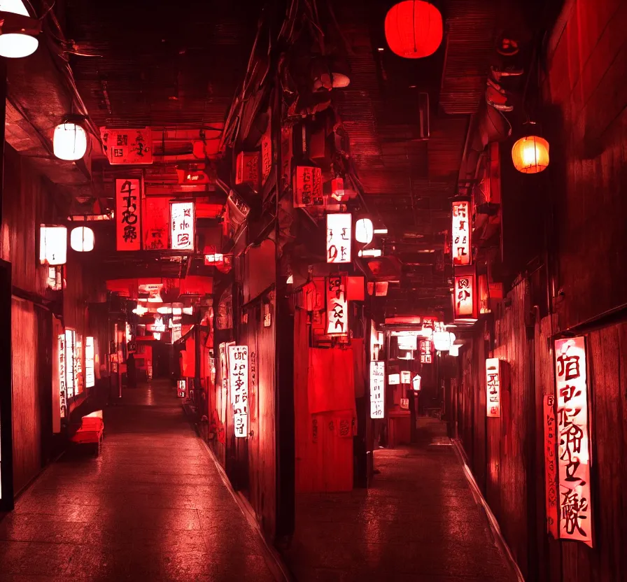 Image similar to spooky photo of a dark infinite hallway of a japanese izakaya with open lit doorways all the way down, dramatic lighting, smoke, ceiling fluorescent lighting, black and red colour palette