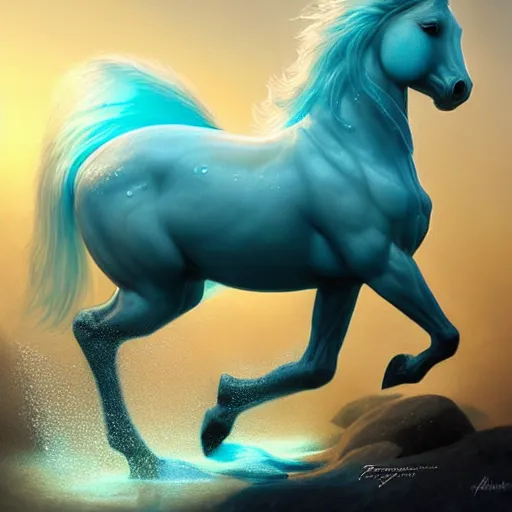 Image similar to a fantastical transparent small turquoise horse made of water and foam, ethereal, noble, radiant, hyperalism, scottish folklore, digital painting, artstation, concept art, smooth, 8 k frostbite 3 engine, ultra detailed, art by artgerm and greg rutkowski and magali villeneuve