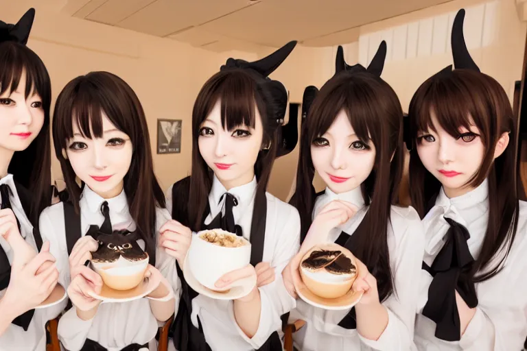 Prompt: dlsr photo of the japanese catgirls caffe, dressed, symmetrical, cinematic, elegant, luxury, perfect studio light, perfect composition, real dlsr photography, sharp focus, 4 k, ultra hd, sense of awe