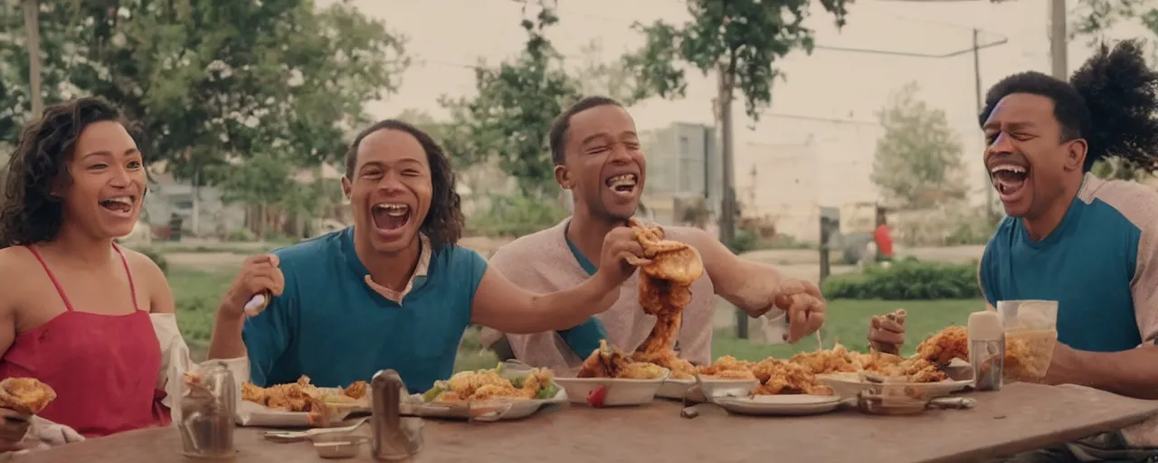 Image similar to a cinematic shot in daylight exterior wide shot of a couple of friends happy and smiling while eating church's chicken in dynamic poses, commercial ad, directed by autumn durald, complementary color scheme clothe, roger deakins lighting, shot in imax 7 0 mm, three point perspective 4 0 mm anamorphic lens