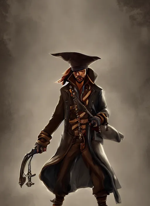 Prompt: pirate tiefling in a trenchcoat, two flint - lock pistols, digital art, cinematic, dramatic, artstation, highly detailed