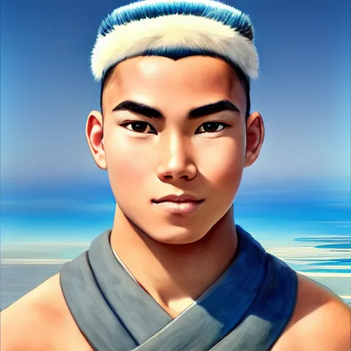 Image similar to beautiful serene intricate portrait of sokka from the water tribe as an inuit young man, dark hair, light blue eyes, smiling softly, relaxing on the beach, golden hour, soft focus, 8 k, art by irakli nadar, hyperrealism, hyperdetailed, ultra realistic