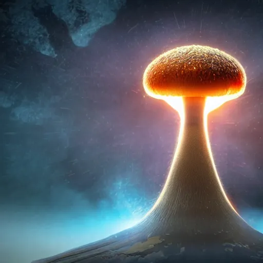 Prompt: a nuclear blast mushroom cloud on earth shattering doomsday seen from outer space comicbook style volumetric lighting birdeye view realistic 3d rendering octane render