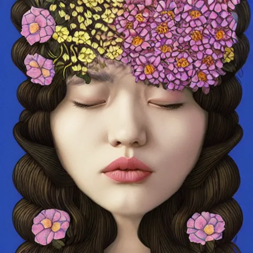 Prompt: a high resolution 3d portrait of a woman covered in flowers by Audrey kawasaki and James jean