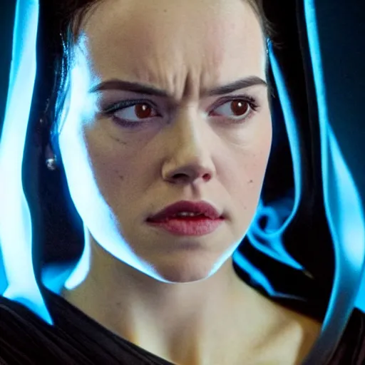 Prompt: movie still of daisy ridley as sith empress wearing a black satin robe and metal belt with dark eye makeup, sweaty, detailed eyes, neutral expression, shallow depth of field, photorealistic, cinematic lighting, lovely bokeh, dark moody light, strong rim light, movie quality, star wars