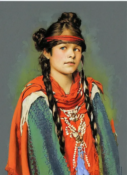 Prompt: a copic maker art nouveau portrait of a mapuche girl finely detailed features wearing a mapuche poncho designed by balenciaga by john berkey, norman rockwell akihiko yoshida