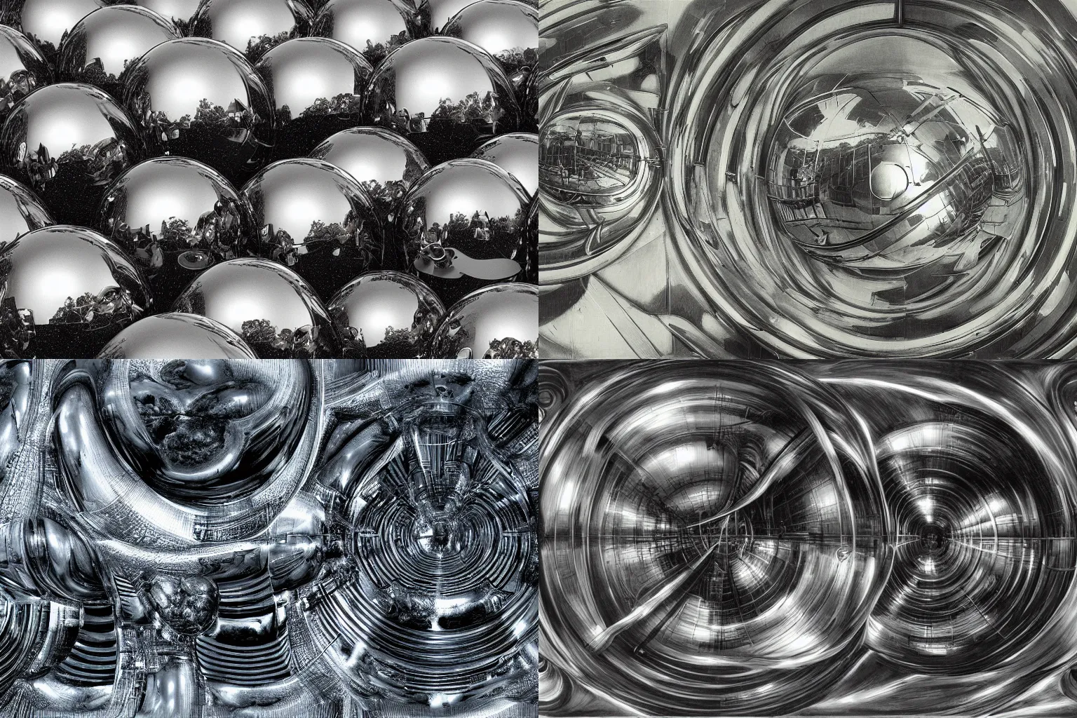 Prompt: a landscape of chrome spheres by H.R. Giger