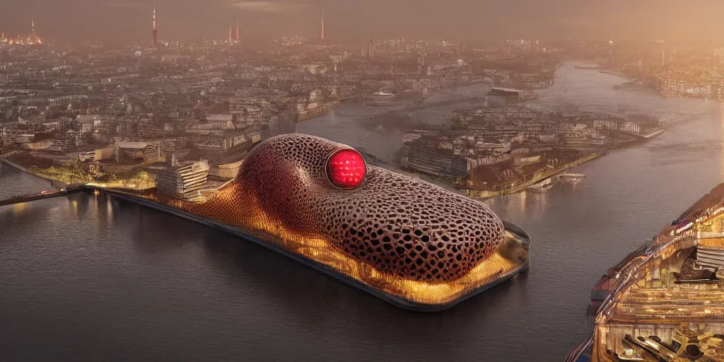 Image similar to An epic architectural rendering of a blob shaped trypophobia house with a mysterious red glow emitting from inside in a modern cityscape next to a river, hamburg elbphilharmonie, stunning, gorgeous, golden ratio, photorealistic, featured on artstation, 4k resolution