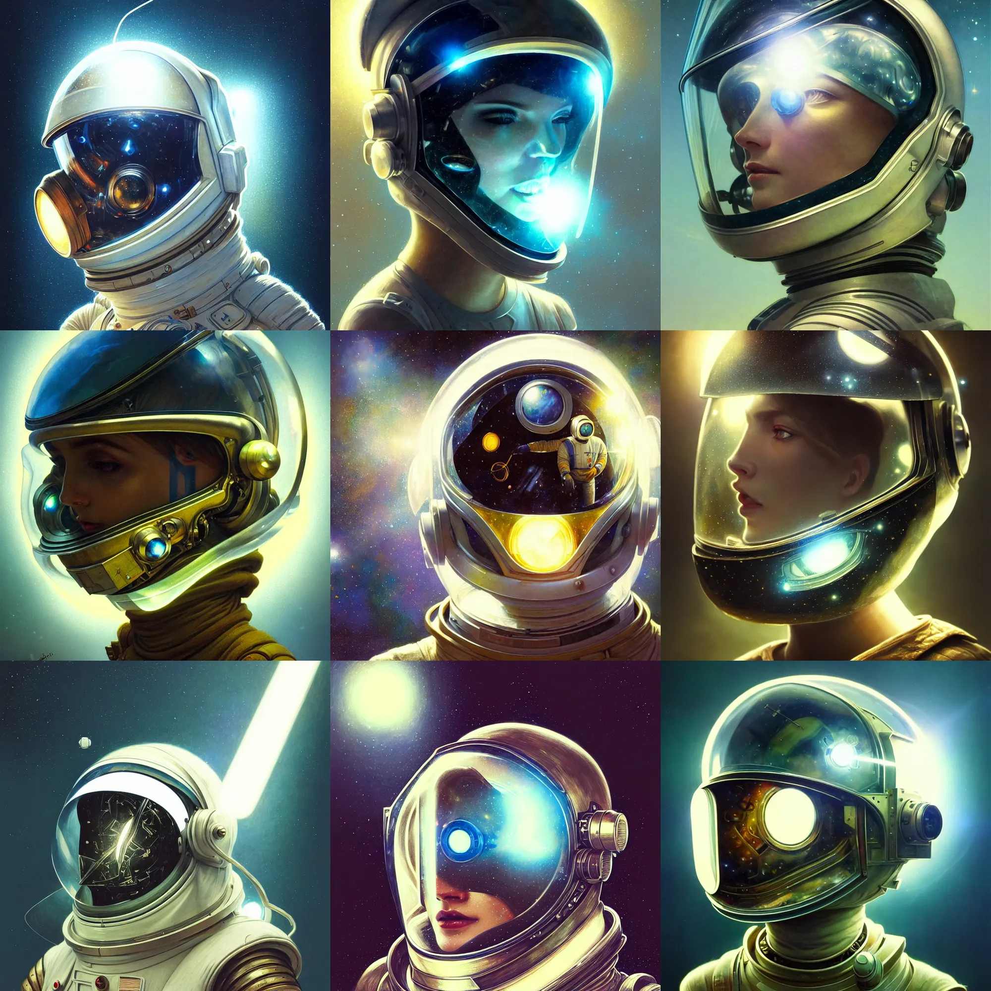 Prompt: ultra realistic retro futuristic astronaut smashed glass helmet, lens flare, diffuse lighting, fantasy, intricate, elegant, highly detailed, lifelike, photorealistic, digital painting, artstation, illustration, concept art, smooth, sharp focus, art by John Collier and Albert Aublet and Krenz Cushart and Artem Demura and Alphonse Mucha