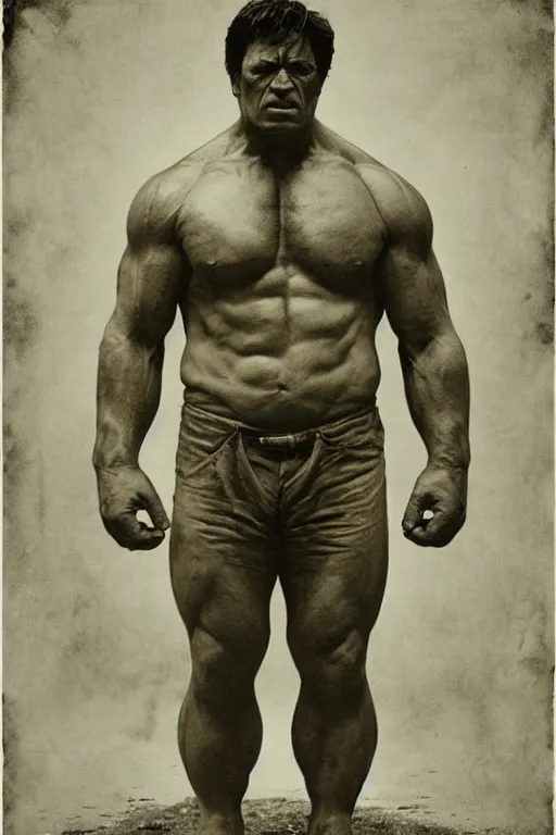 Prompt: the incredible hulk, portrait, full body, symmetrical features, silver iodide, 1 8 8 0 photograph, sepia tone, aged paper, sergio leone, master prime lenses, cinematic