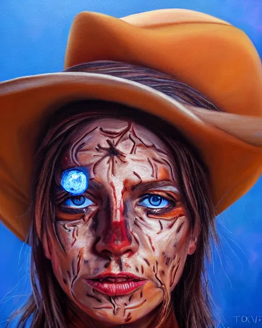 Prompt: oil painting portrait of scarred cowgirl with with burning glowing eyes, high production value, intricate details, high resolution, hdr, high definition, masterpiece, realistic, ultrarealistic, highly detailed, hd, sharp focus, non blurry, sharp, smooth